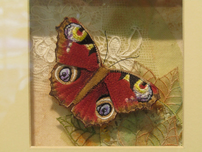 Framed Textile Peacock Butterfly by Vikki Lafford Garside