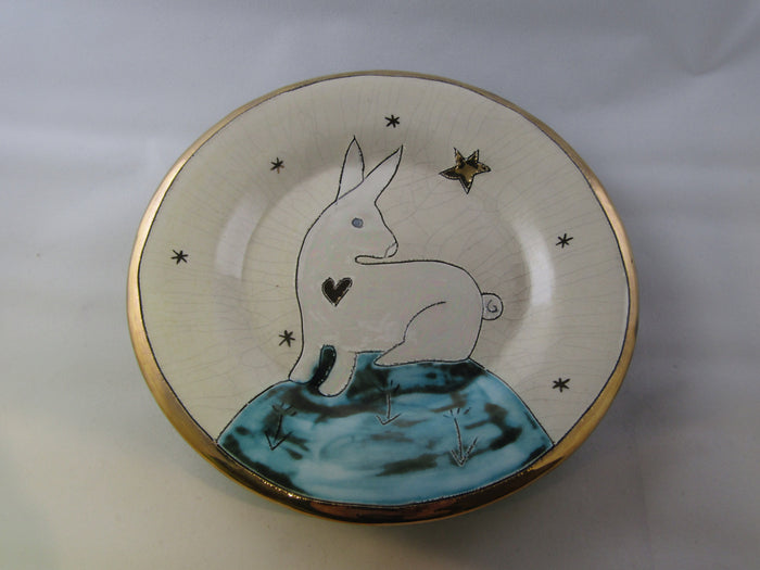 Small Plate with Hare and Gold Detailing by Sophie Smith