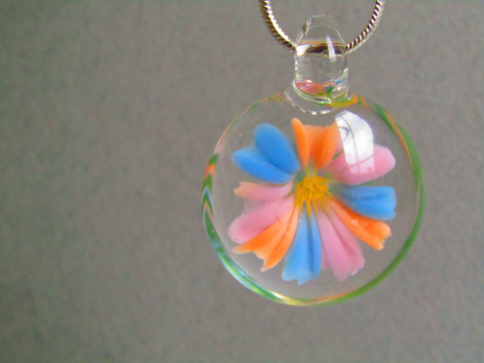 Pastel Pink Orange and Blue Glass 3D Flower Pendant