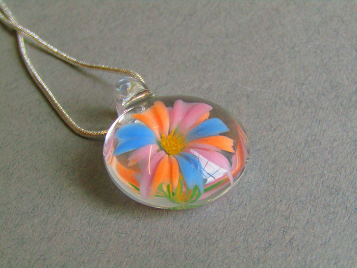 Pastel Pink Orange and Blue Glass 3D Flower Pendant