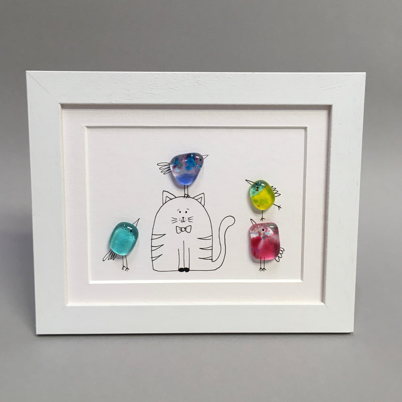 Cat Bird - Fused Glass and Illustration