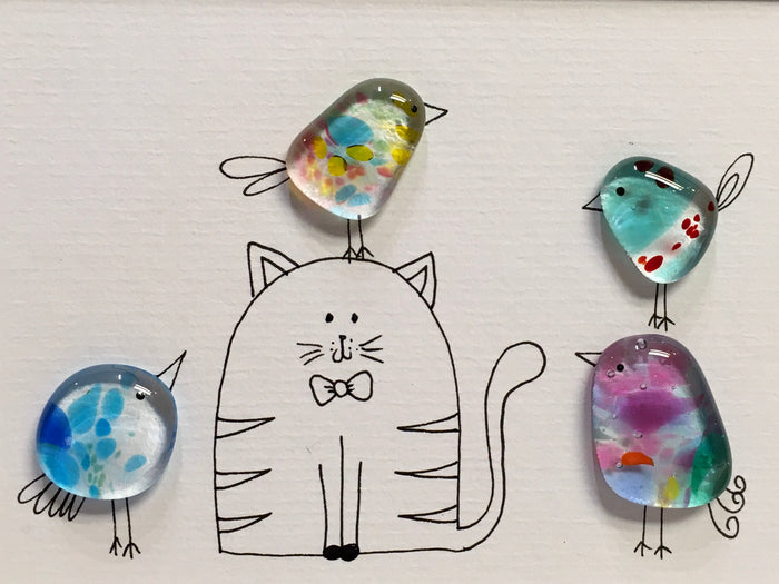 Cat Bird - Fused Glass and Illustration