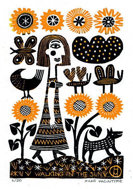 Walking in the Sun - hand-produced linocut by Hilke MacIntyre