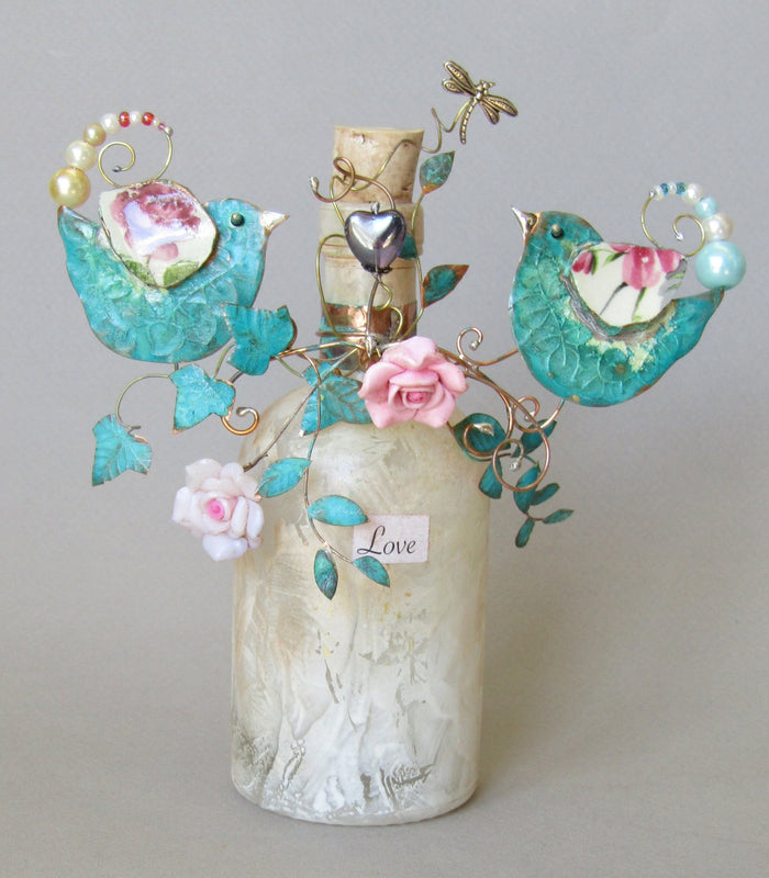 Large Love Birds Bottle Assemblage by Linda Lovatt