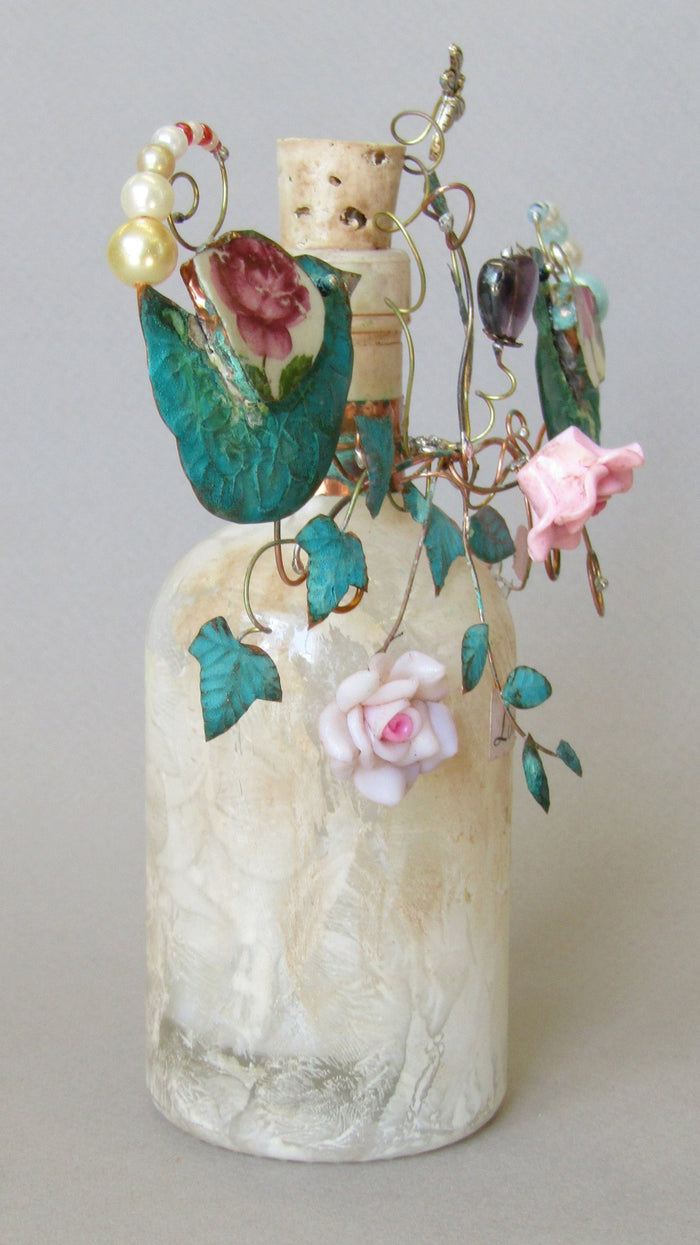 Large Love Birds Bottle Assemblage by Linda Lovatt