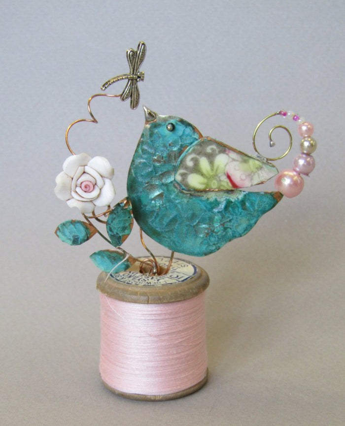 Small Bird Assemblage on a Cotton Reel by Linda Lovatt