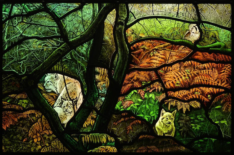 Lynx Family - hand painted and leaded stained-glass panel by Petri Anderson