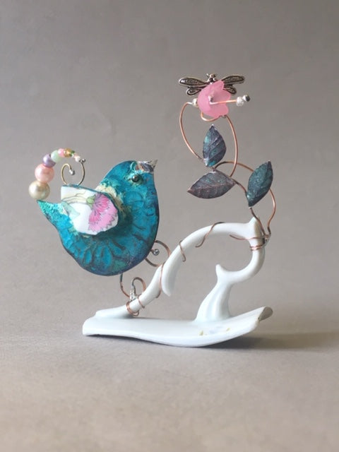 Small Birdie on Cup Handle with Pink Flower by Linda Lovatt