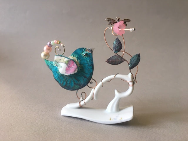 Small Birdie on Cup Handle with Pink Flower by Linda Lovatt