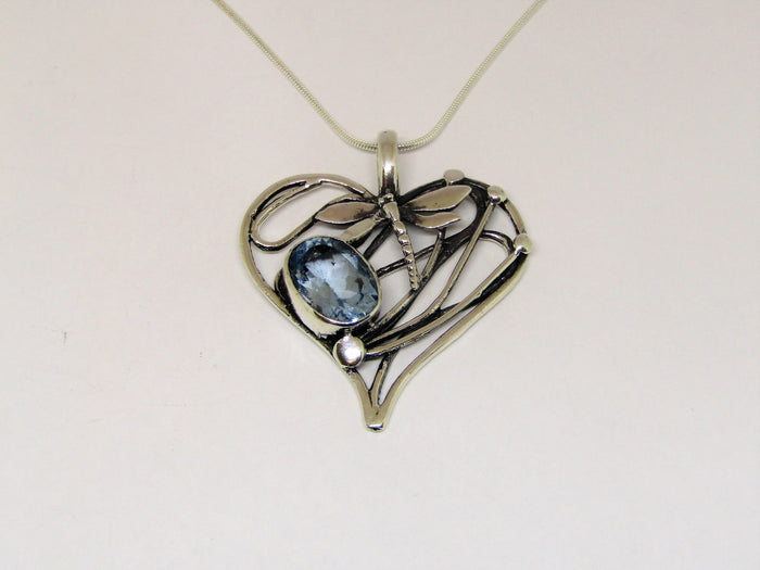 Heart Dragonfly Pendant in Sterling Silver with Blue Topaz by Madeleine Blaine