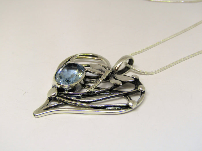 Heart Dragonfly Pendant in Sterling Silver with Blue Topaz by Madeleine Blaine